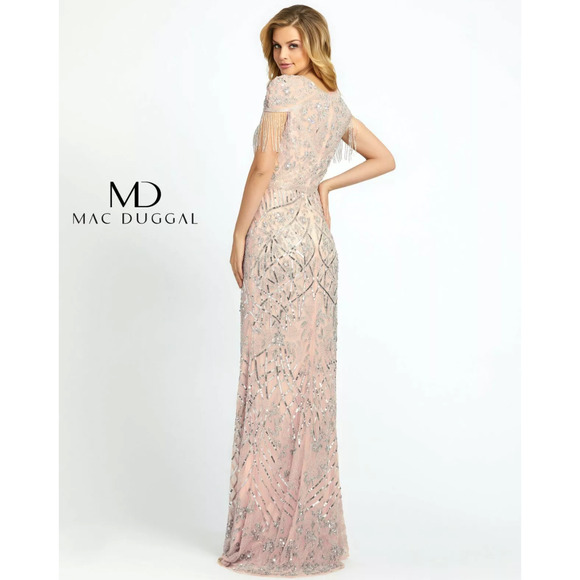 Mac Duggal Beaded Fringe Gown Size 14 – Nude Silver Embellished Maxi Dress NWT - Picture 3 of 10
